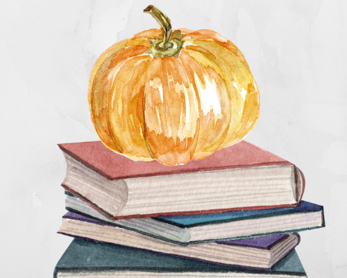 Watercolor of pumpkin atop a stack of books