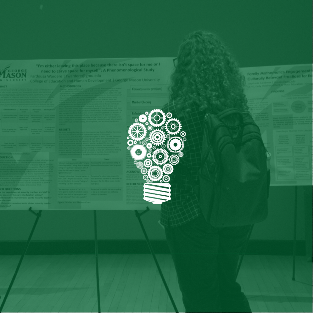 White lightbulb graphic made of gears over a green overlayed image of a student looking at a research poster