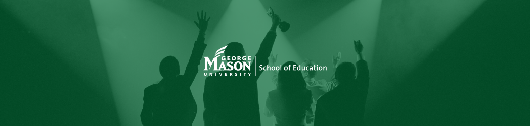 George Mason University School of Education Logo with image of people holding up trophies