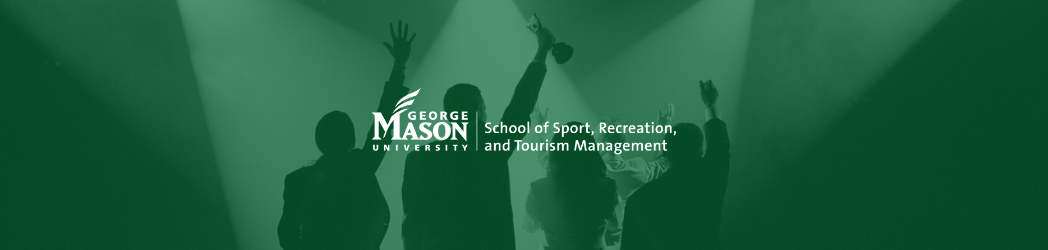 George Mason University School of Sport, Recreation, and Tourism Management Logo with image of people holding up trophies