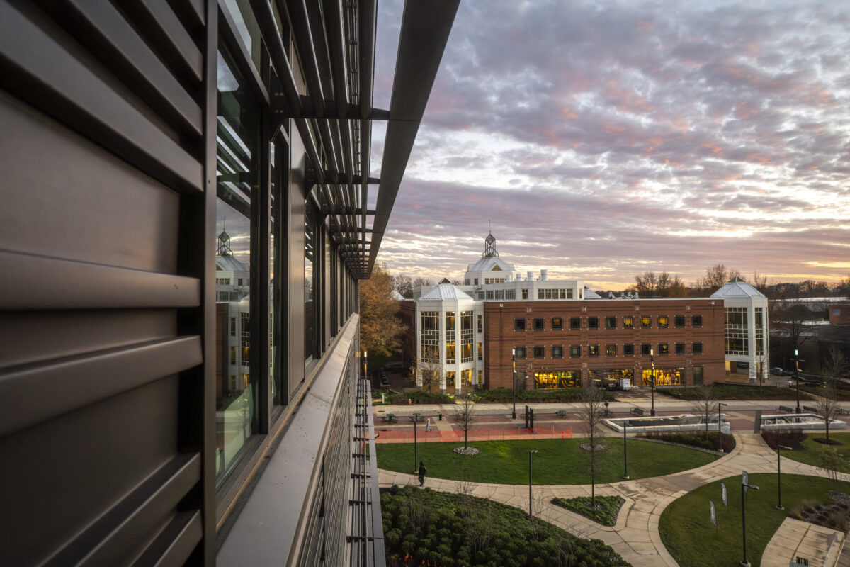 Johnson Center at sunset on the Fairfax Campus . Photo by Evan Cantwell/George Mason University